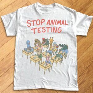 Stop Animal Testing Graphic Tee White Animal Rights Protest Art Shirt